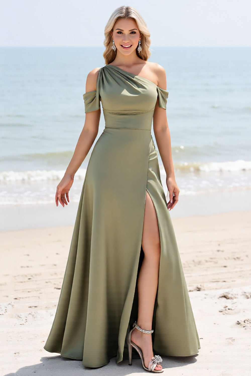 Olive A Line One Shoulder Long Satin Bridesmaid Dress with Slit