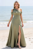 Olive A Line One Shoulder Long Satin Bridesmaid Dress with Slit