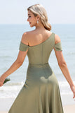 Olive A Line One Shoulder Long Satin Bridesmaid Dress with Slit