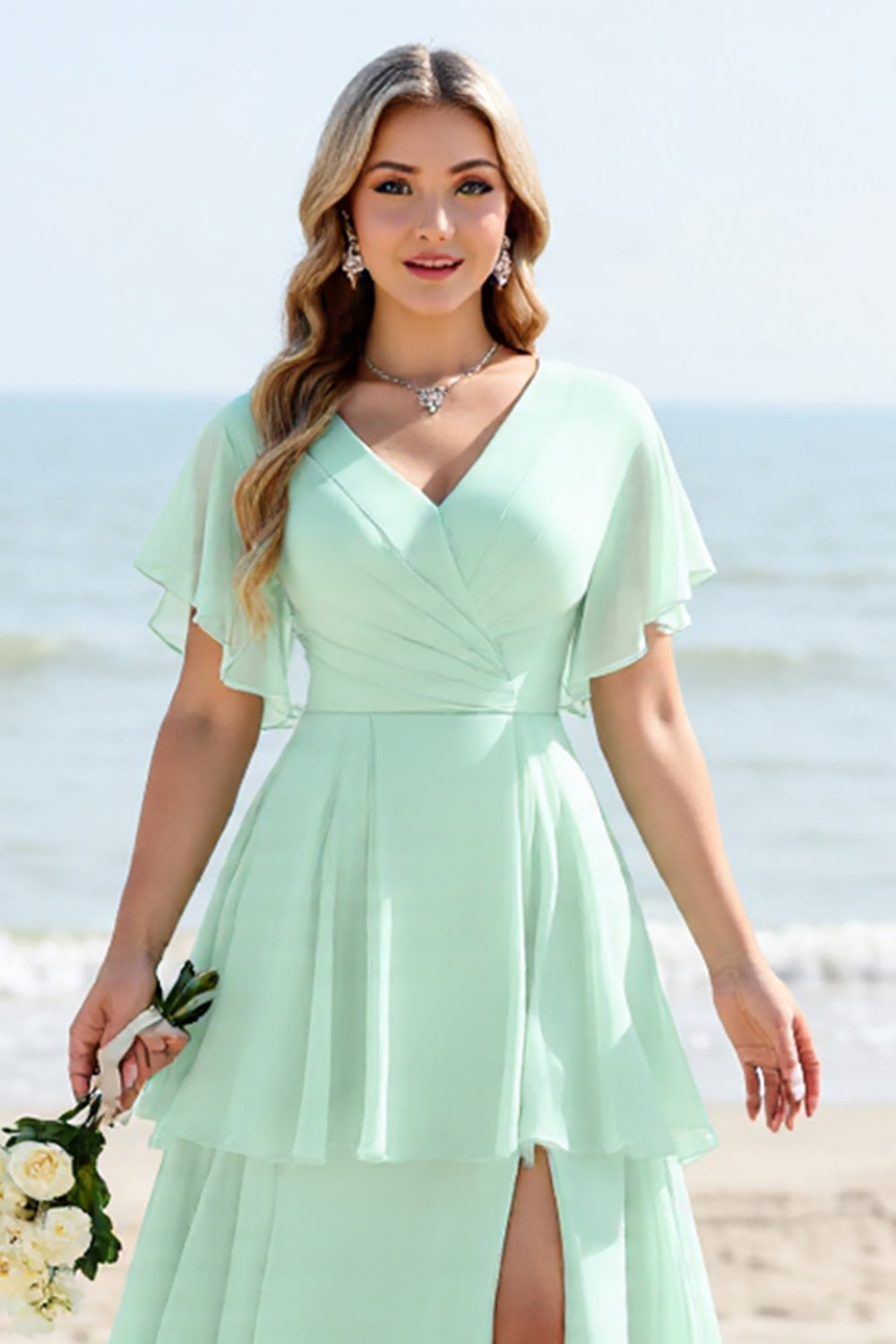 ThaliaDress Mint Chiffon Halter Hi-Lo Bridesmaid Dress - Short Prom Formal Gown