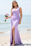 Lilac Maxi V Neck Long Mermaid Bridesmaid Dress with Slit