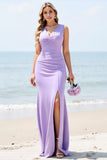 Lilac Maxi V Neck Long Mermaid Bridesmaid Dress with Slit
