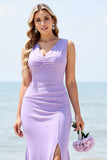 Lilac Maxi V Neck Long Mermaid Bridesmaid Dress with Slit