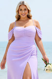 Lilac Plus Size Cold Shoulder Long Bridesmaid Dress with Slit