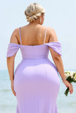 Lilac Plus Size Cold Shoulder Long Bridesmaid Dress with Slit