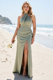 Olive Satin Halter Neck Long Sheath Bridesmaid Dress with Slit