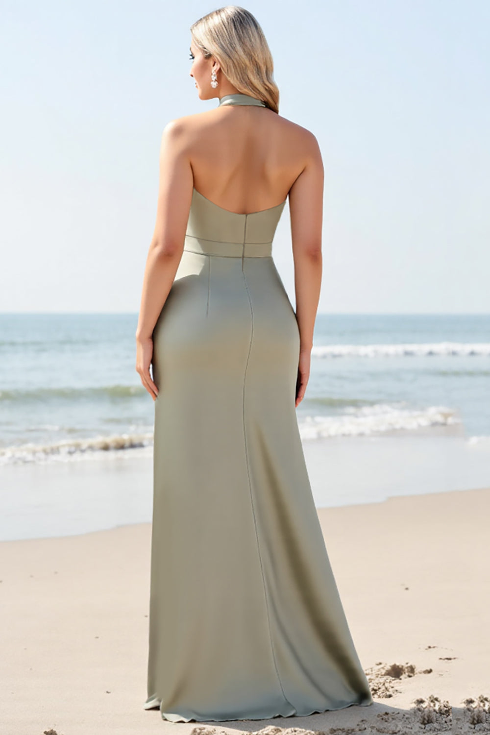 Olive Satin Halter Neck Long Sheath Bridesmaid Dress with Slit