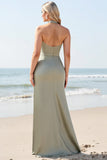 Olive Satin Halter Neck Long Sheath Bridesmaid Dress with Slit