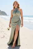 Olive Satin Halter Neck Long Sheath Bridesmaid Dress with Slit