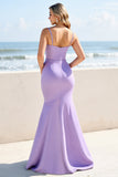 Lilac Spaghetti Straps Mermaid Long Bridesmaid Dress with Slit