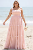 A Line Blush Pink Spaghetti Straps Maxi Bridesmaid Dress with Slit