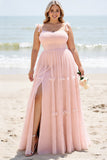 A Line Blush Pink Spaghetti Straps Maxi Bridesmaid Dress with Slit