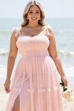 A Line Blush Pink Spaghetti Straps Maxi Bridesmaid Dress with Slit