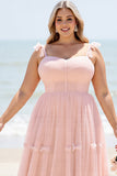 A Line Blush Pink Spaghetti Straps Maxi Bridesmaid Dress with Slit