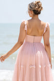 A Line Blush Pink Spaghetti Straps Maxi Bridesmaid Dress with Slit