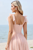 Blush Pink A Line Long Sweetheart Bridesmaid Dress with Bow