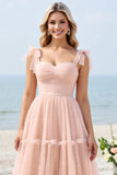 Blush Pink A Line Long Sweetheart Bridesmaid Dress with Bow