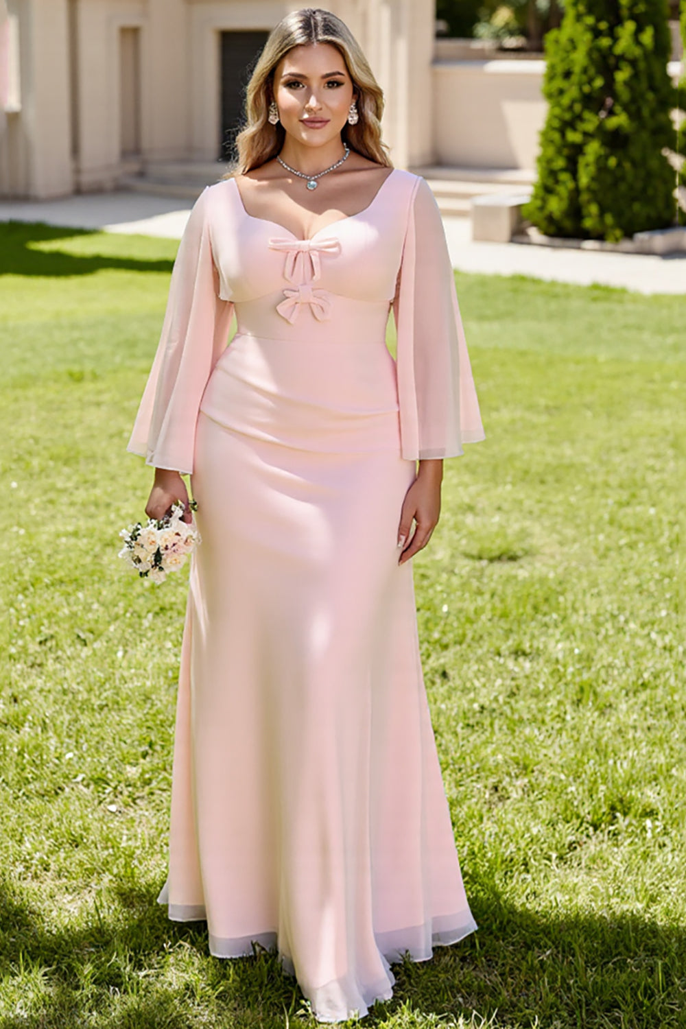 Candy Pink Sheath Maxi Long Bow Bridesmaid Dress with Sleeves