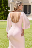 Candy Pink Sheath Maxi Long Bow Bridesmaid Dress with Sleeves