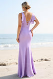 Lilac Sheath Maxi Ruffled Long Bridesmaid Dress with Slit