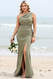 Olive Sheath One Shoulder Long Satin Bridesmaid Dress with Slit