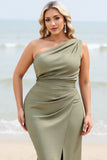 Olive Sheath One Shoulder Long Satin Bridesmaid Dress with Slit
