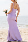 Lilac Spaghetti Straps Sheath Long Bridesmaid Dress with Slit