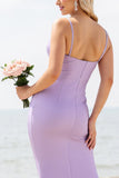 Lilac Spaghetti Straps Sheath Long Bridesmaid Dress with Slit