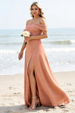 Sunset A Line Long Off the Shoulder Bridesmaid Dress with Slit