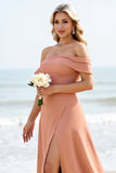 Sunset A Line Long Off the Shoulder Bridesmaid Dress with Slit