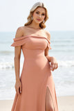 Sunset A Line Long Off the Shoulder Bridesmaid Dress with Slit