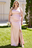 Sheath Candy Pink Spaghetti Straps Long Bridesmaid Dress with Slit
