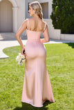 Sheath Candy Pink Spaghetti Straps Long Bridesmaid Dress with Slit