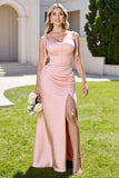 Sheath Candy Pink Spaghetti Straps Long Bridesmaid Dress with Slit