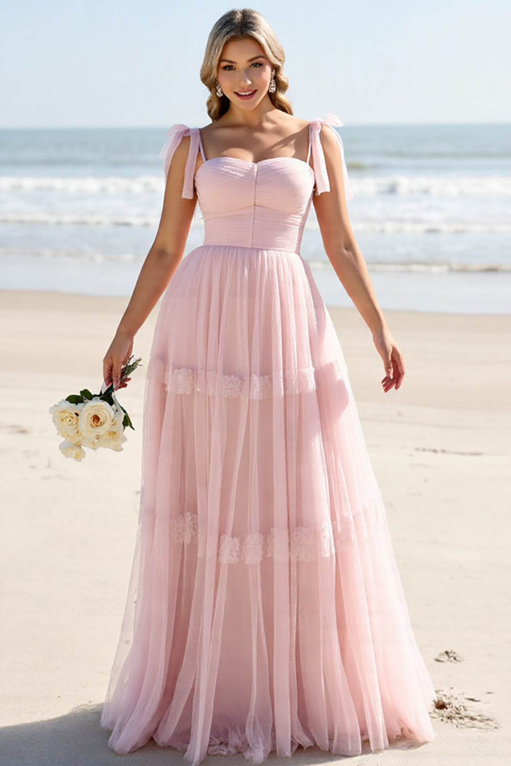 A Line Candy Pink Maxi Spaghetti Straps Long Bridesmaid Dress