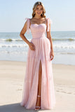 A Line Candy Pink Maxi Spaghetti Straps Long Bridesmaid Dress