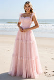 A Line Candy Pink Maxi Spaghetti Straps Long Bridesmaid Dress