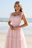 A Line Candy Pink Maxi Spaghetti Straps Long Bridesmaid Dress