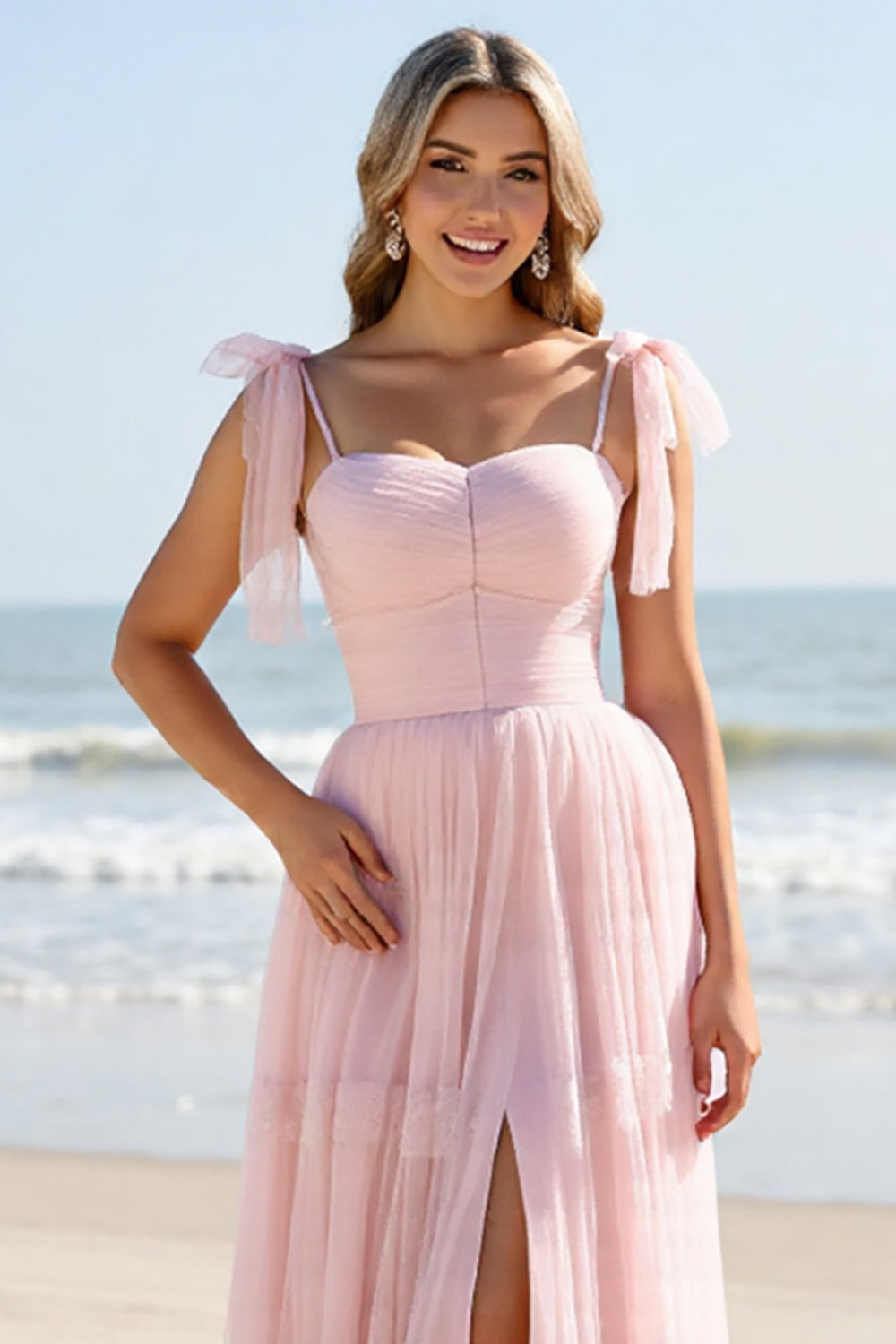 A Line Candy Pink Maxi Spaghetti Straps Long Bridesmaid Dress