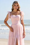 A Line Candy Pink Maxi Spaghetti Straps Long Bridesmaid Dress