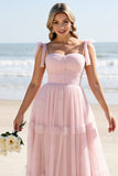 A Line Candy Pink Maxi Spaghetti Straps Long Bridesmaid Dress