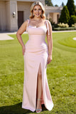 Candy Pink Sheath Backless Long Bridesmaid Dress with Slit