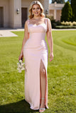Candy Pink Sheath Backless Long Bridesmaid Dress with Slit