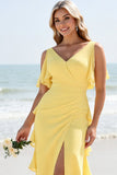 Daffodil Sheath Long V Neck Bridesmaid Dress with Ruffles