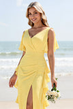 Daffodil Sheath Long V Neck Bridesmaid Dress with Ruffles