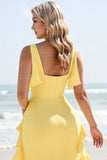 Daffodil Sheath Long V Neck Bridesmaid Dress with Ruffles
