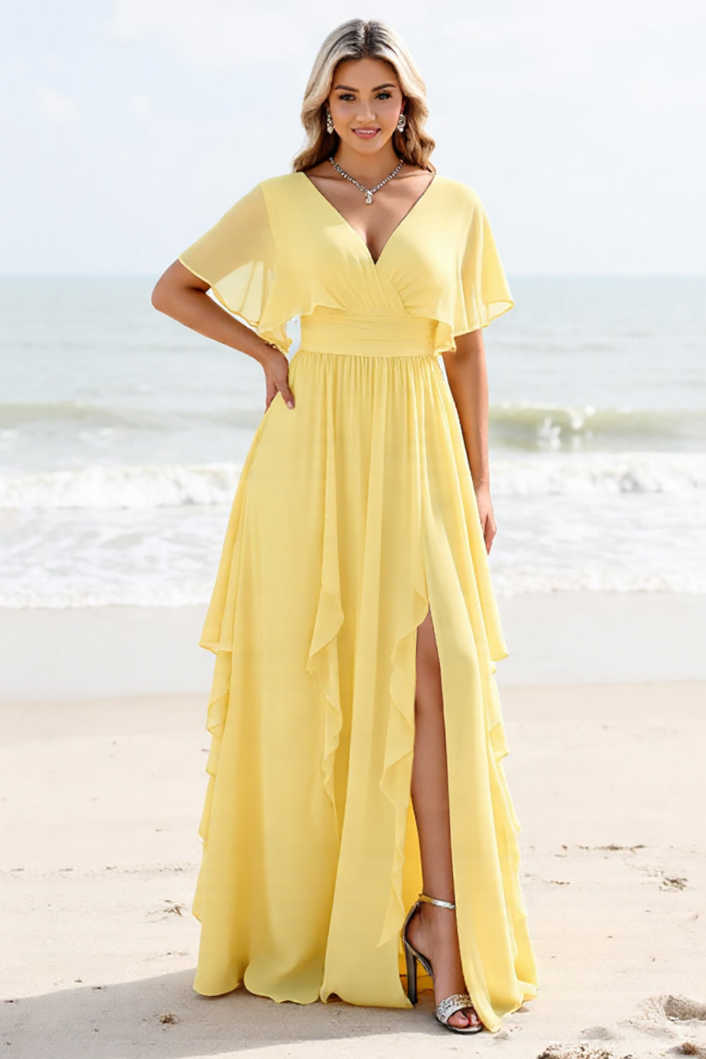 Daffodil A Line Chiffon V Neck Long Bridesmaid Dress with Sleeves