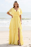 Daffodil A Line Chiffon V Neck Long Bridesmaid Dress with Sleeves