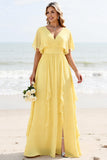 Daffodil A Line Chiffon V Neck Long Bridesmaid Dress with Sleeves