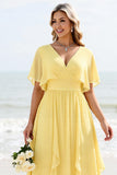 Daffodil A Line Chiffon V Neck Long Bridesmaid Dress with Sleeves